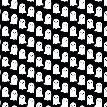 Seamless pattern of cute halloween little cartoon ghosts on black background