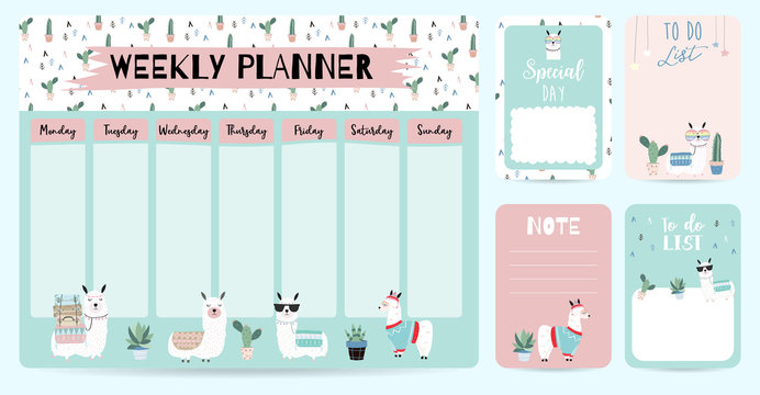 Cute Weekly Planner Background With Llama,cactus.Vector Illustration For Kid And Baby.Editable Element