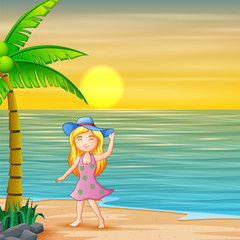 A girl in blue hat standing by the beach at sunset