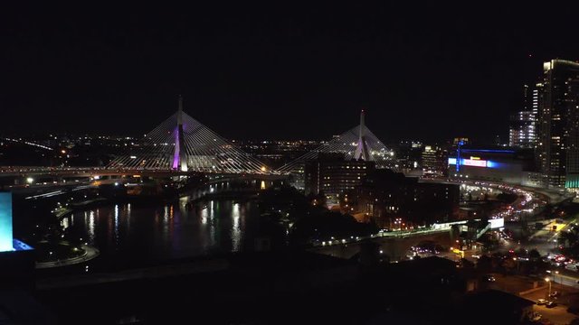 View of night Leonard P. Zakim Bunker Hill Memorial Bridge, aerial of night Boston, industrial northeast of USA, night city life