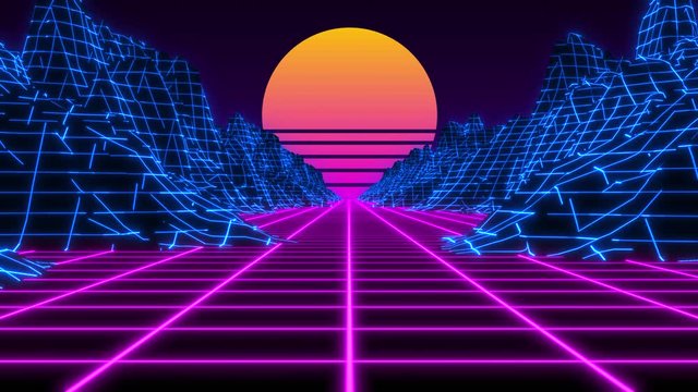 Synthwave/ vaporwave/ retrowave cyber landscape with laser grid