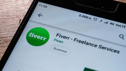 Magelang, Central Java, Indonesia, April 16, 2019. Fiverr app in play store. close up on the Android Smartphones screen. - Image