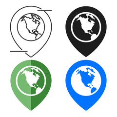 Map location pin with globe icon set. Flat style. Isolated on white background.