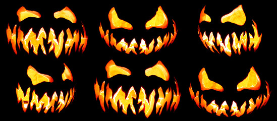 Collection of scary Halloween pumpkin Jack o lantern faces glowing red and yellow eerily on black