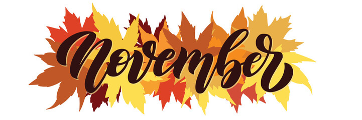November, vector script with decorative maple leaves elements. Hand drawn brush lettering for autumn events, posters, and banners. Vector