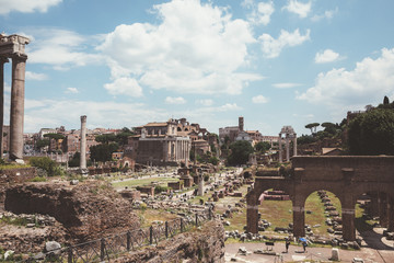 Fototapeta na wymiar Panoramic view of Roman forum, also known by Forum Romanum or Foro Romano