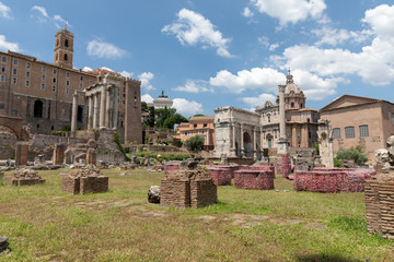 Panoramic view of Roman forum, also known by Forum Romanum or Foro Romano