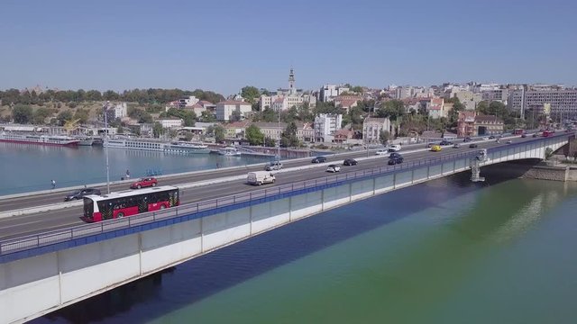 Slow 4k aerial shot of Sava river and Branko bridge near Kosancicev venac, Belgrade