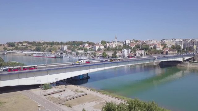 Beautiful 4k aerial ascending shot of Branko bridge in Belgrade