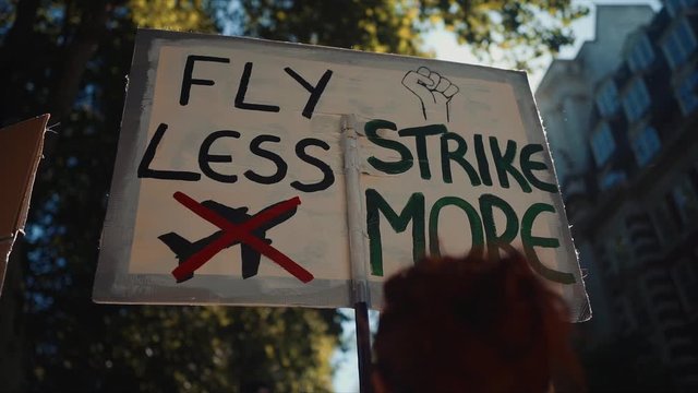 A placard reading 'fly less strike more' at a climate change pretest