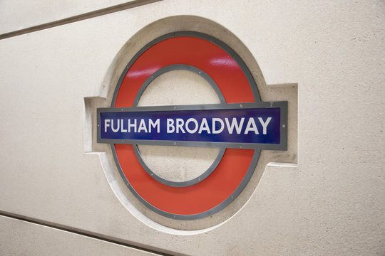 LONDON, ENGLAND - MAY 1: Detail Of London Fulham Broadwayl Tube Sign On The Wall On May 1,2017