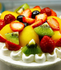 close up of  fruit cake with whipped cream