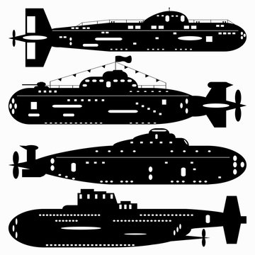 Navy. A set of paths submarines. Black and white illustration of a white background.