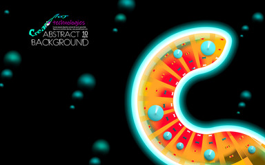Neon funny fantastic worm or a virus, a bacterium glowing hi-tech futuristic abstract microbiology backdrop. Background orange and black sample of vector design vibrant illustration.