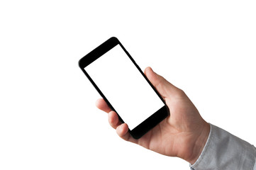 Business man in shirt hold a blank screen smartphone diagonally on white background