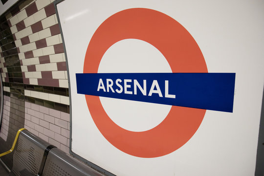 LONDON, ENGLAND - MAY 4: Detail of London Arsenal Tube sign on the wall on May 4,2017