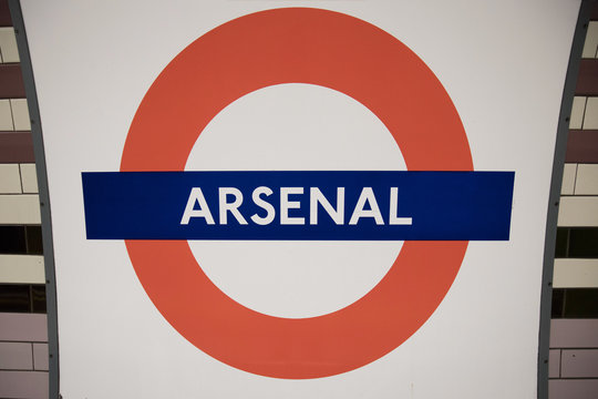 LONDON, ENGLAND - MAY 4: Detail of London Arsenal Tube sign on the wall on May 4,2017