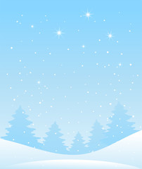 Fototapeta na wymiar Winter forest landscape. Christmas background for greeting card. Blue sky with snow and stars, snowy forest. Vector illustration in flat cartoon design.