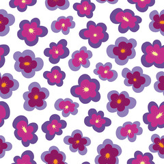 Fototapeta na wymiar Seamless pattern with flowers. Raspberry, burgundy and violet pansies on a white background. Can be used for fabrics, curtains, upholstery and wallpaper. Vector illustration.