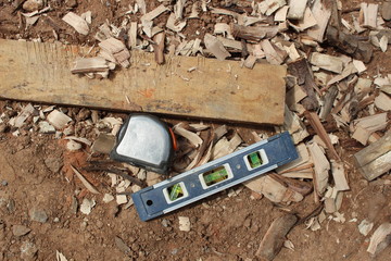 Tape for measuring distance and water level meter of equipment on the floor