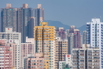 Crowded high rise residential building in Hong Kong city