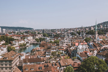 Aerial view of historic Zurich city center from Grossmunster Church