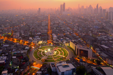 Aerial view of Bangkok the capital of Thailand cover by PM 2.5 dust in air pollution.