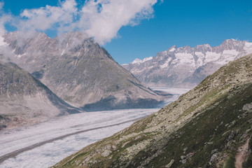 Panorama of mountains scene, walk through the great Aletsch Glacier