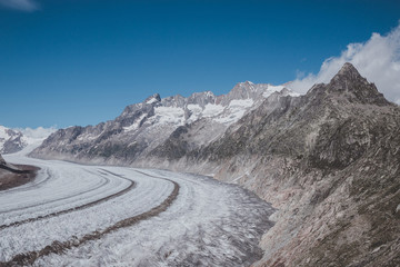 Panorama of mountains scene, walk through the great Aletsch Glacier