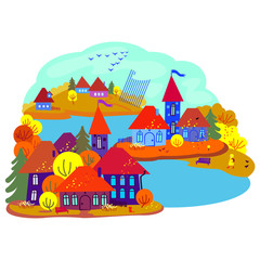 Autumn in the village, vector illustration, landscape
