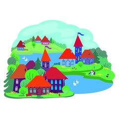 Summer in the village, vector illustration, landscape