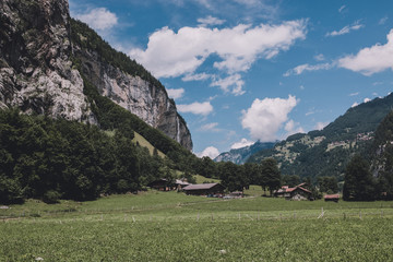 View valley of waterfalls in national park of city Lauterbrunnen, Switzerland
