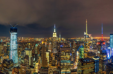 Top Scene of New York City cityscape in lower manhattan at the twilight time, USA downtown skyline, Architecture and building with tourist concept