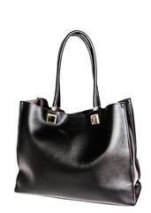 Naklejka premium Black leather female bag isolated on white background. Glossy stylish fashion women bag. Women's bags and accessories