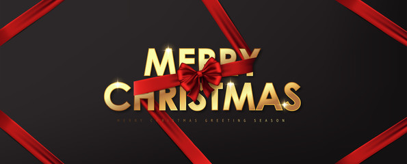 Calligraphic Merry christmas golden texture and realistic ribbon red luxury. Advertising Poster design.logo golden color on dark background.Vector illustration.