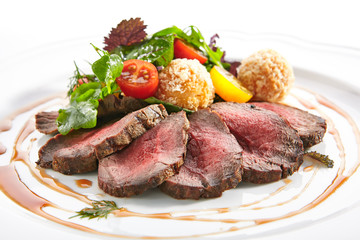Medium Rare Roast Beef with Green Mix and Potato Balls