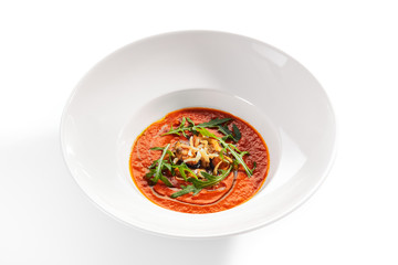 Spicy Tomato Soup with Fried Mussels and Chili Pepper
