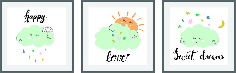 Cute cloud Set of posters for nursery baby room decoration Childish style Perfect for fabric print logo sign cards banners Kids wall