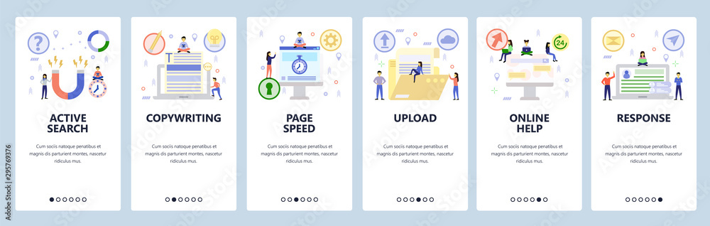 Wall mural mobile app onboarding screens. dating, copywriting, files upload, online help. menu vector banner te