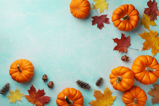 Autumn Thanksgiving background. Pumpkins and maple leaves on turquoise table top view.