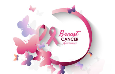 Pink Ribbon Butterfly Breast Cancer Awareness Banner Flat Vector Illustration for support and health care. October is Cancer Awareness Month. Vector illustration