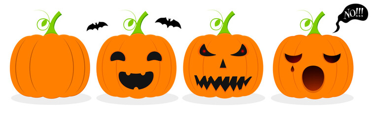 Set Pumpkin lantern icons, Halloween symbols, flat design template, spooky smile, vector illustration