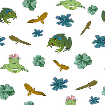 Seamless pattern with tadpoles, frogs, marsh plants and duckweed. Funny and funny theme. Can be used as a print for fabrics, curtains, upholstery, wallpaper and wrapping paper. Vector illustration.