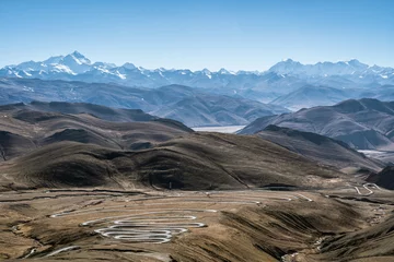Papier Peint photo Cho Oyu Vue imprenable sur la chaîne de montagnes de l& 39 Himalaya avec le mont Everest et le pic Cho Oyu depuis le col de Pang La au Tibet, en Chine, par une journée d& 39 hiver ensoleillée.