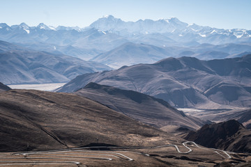 Stunning view of the Himalayas mountain range with the Cho Oyu peak from the Pang La pass in Tibet, China
