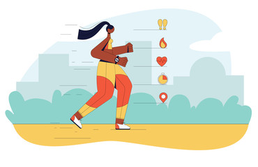 Modern vector illustration of a girl running outdoors. Flat design concepts for website, flyer, banner with symbols and infographic. Information on heart rate, steps, timer, calorie count for runners