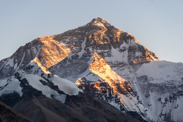 Sunset over Mt Everest north face and summit from the base camp in Tibet, China