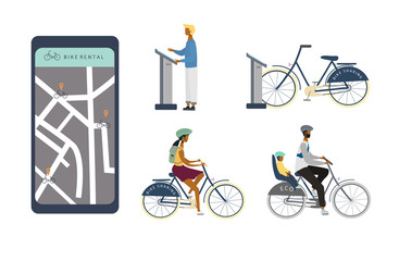 Bike sharing or rental concept set. Woman, man and kid on bicycle riding. Online bicycle rent service on a big smartphone. Flat vector illustration for banner, web, mobile app, flyer, poster.