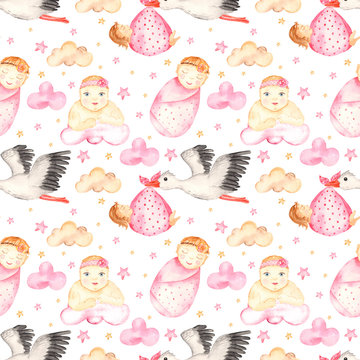 Watercolor seamless pattern with pink girls newborn babies, stork and clouds © MarinaErmakova