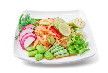 Papaya Spicy Salad with vegetable Set isolated on white background with clipping path, Thai food, Som Tam.